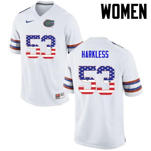 NCAA Florida Gators Kavaris Harkless Women's #53 USA Flag Fashion Nike White Stitched Authentic College Football Jersey GCF3864QD